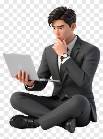 3D Businessman Thinking While Using Laptop PNG