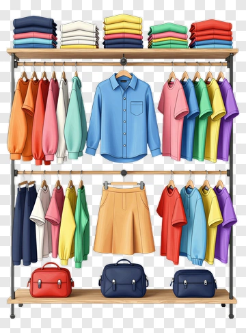 Colorful Clothing Rack With Various Outfits And Bags PNG