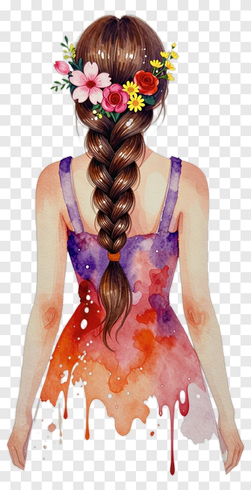 Watercolor Girl With Flower Crown And Colorful Dress PNG