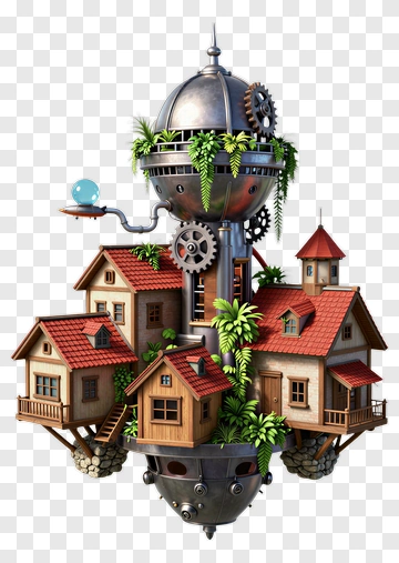 Futuristic Floating House With Mechanical Elements PNG
