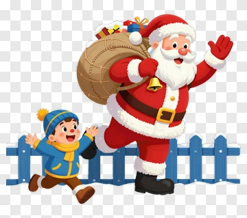 Santa Claus And Child Running With Gifts PNG