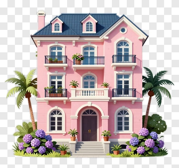 Colorful Pink House With Palm Trees And Flowers PNG