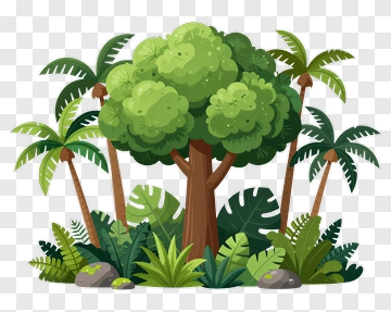 Colorful Jungle Scene With Palm Trees And Foliage PNG