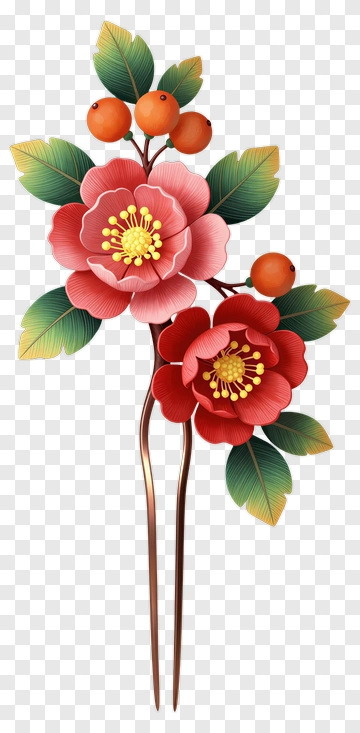 Colorful Floral Hairpin With Red Flowers And Green Leaves PNG