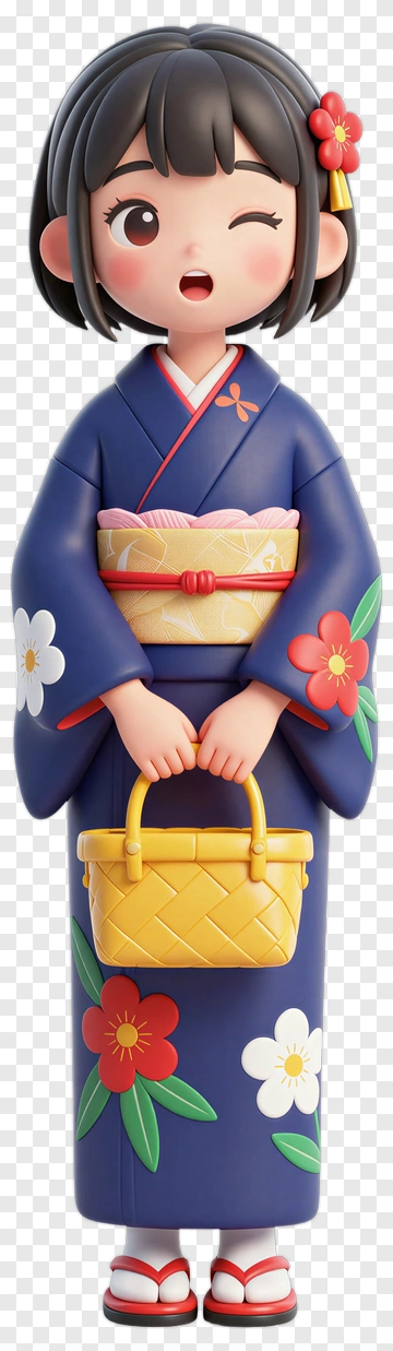 Cartoon Girl In Kimono Holding A Yellow Basket PNG