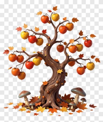 Colorful Apple Tree With Mushrooms PNG