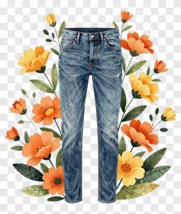 Jeans Surrounded By Colorful Flowers PNG