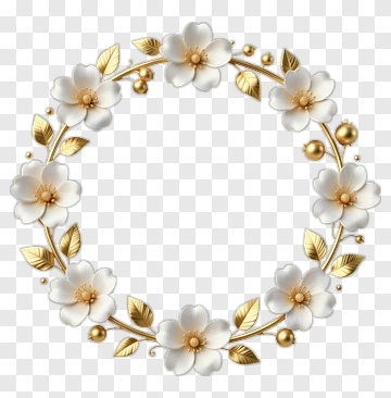 Floral Wreath With White Flowers And Gold Accents PNG