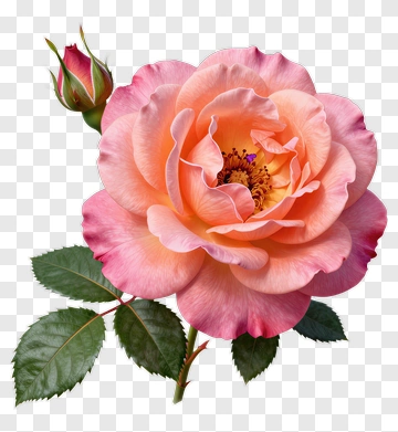 Pink Rose With Bud And Green Leaves PNG