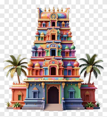Colorful Temple With Palm Trees PNG