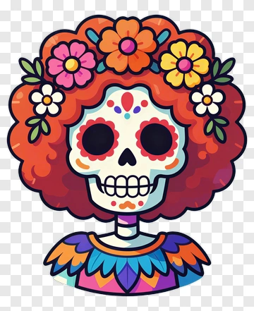 Colorful Cartoon Skull With Flowers PNG
