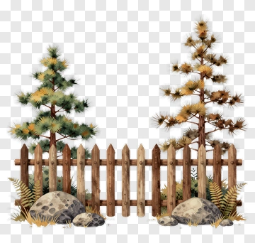 Wooden Fence With Pine Trees And Rocks PNG