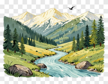 Mountain Landscape With River And Pine Trees PNG