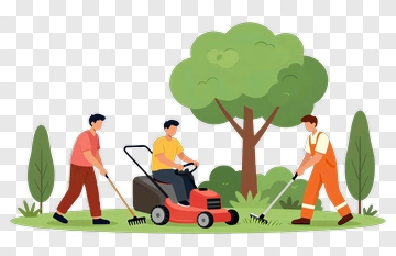 Lawn Care Team Mowing Grass In A Garden PNG