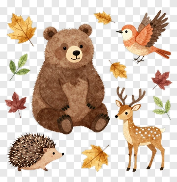Cute Woodland Animals With Autumn Leaves PNG