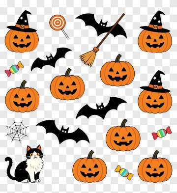 Halloween Pumpkins And Bats With Candy PNG