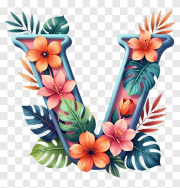 Floral Letter V With Tropical Leaves And Flowers PNG