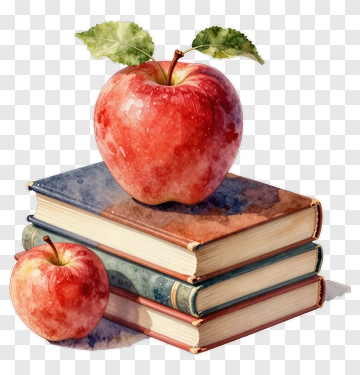 Watercolor Red Apple On A Stack Of Books PNG