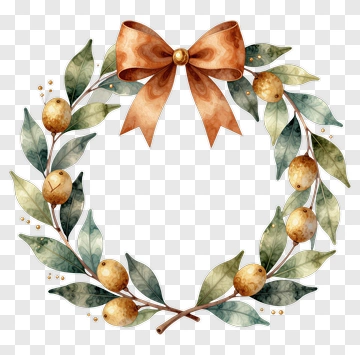 Watercolor Olive Leaf Wreath With Bow PNG