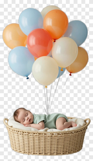 Sleeping Baby In A Basket With Colorful Balloons PNG