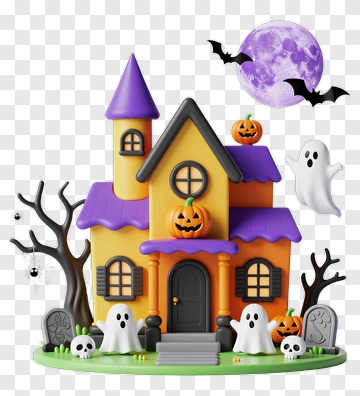 Halloween Haunted House With Ghosts And Pumpkins PNG