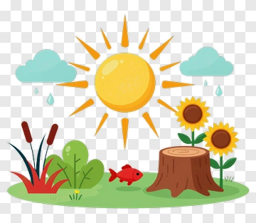 Cartoon Sun With Flowers And A Fish PNG