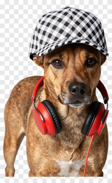Dog Wearing Headphones And A Checkered Cap PNG