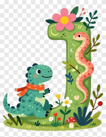 Cartoon Dinosaur With Number One And Flowers PNG