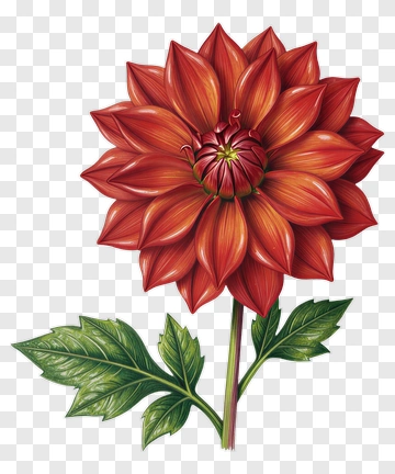 Red Dahlia Flower With Green Leaves PNG