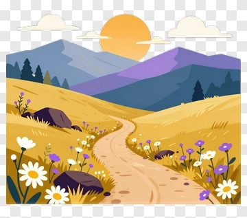 Scenic Mountain Landscape With Path And Flowers PNG