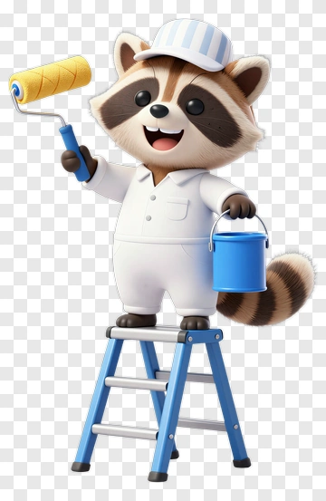 3D Raccoon Painter On A Ladder Holding A Paint Roller PNG