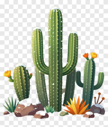 Cactus Group With Flowers And Rocks PNG