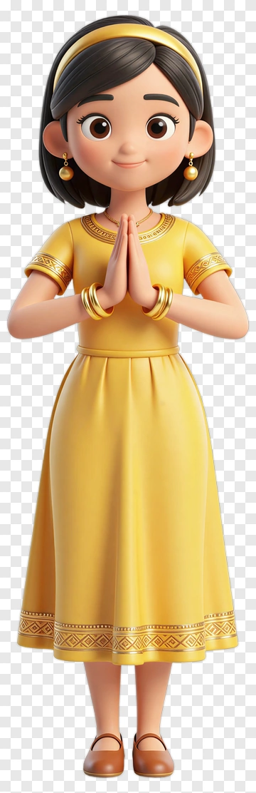 Cartoon Girl In Yellow Dress With Hands Together PNG