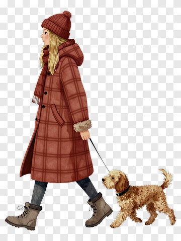 Woman Walking A Dog In A Stylish Coat PNG