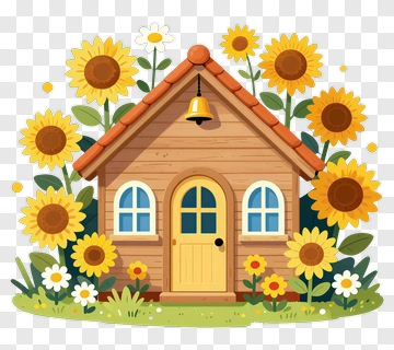 Colorful House Surrounded By Sunflowers PNG