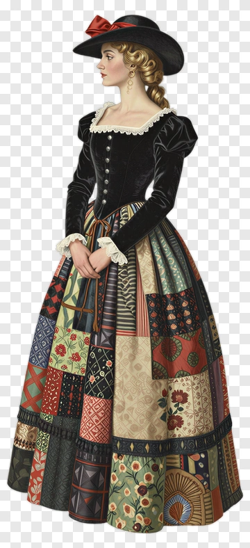 Victorian Woman In Colorful Patchwork Dress PNG