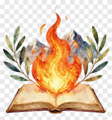 Open Book With Flames And Mountains PNG