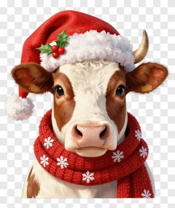 Cow Wearing A Santa Hat And Red Scarf PNG