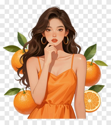 Woman In Orange Dress With Oranges PNG