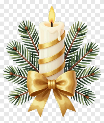 Christmas Candle With Pine Branches And Gold Bow PNG