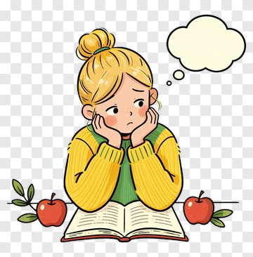 Pensive Girl Thinking While Reading A Book PNG