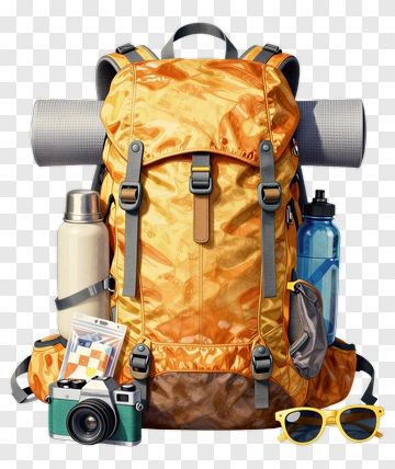 Orange Backpack With Travel Accessories PNG