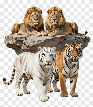 Group Of Lions And Tigers On A Rock PNG