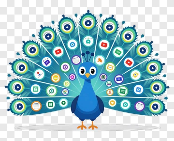 Colorful Peacock Displaying Social Media Icons PNG