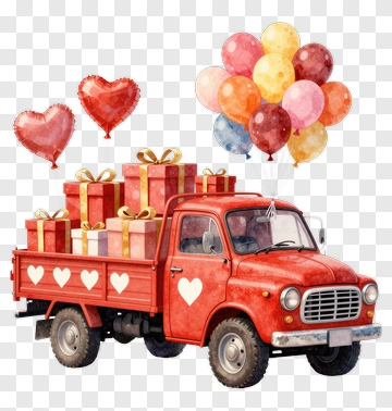 Red Truck Filled With Gifts And Balloons PNG