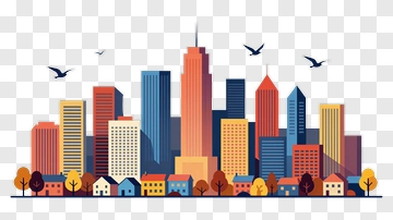 Colorful City Skyline With Trees And Birds PNG