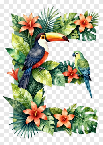 Colorful Tropical Letter E With Birds And Flowers PNG