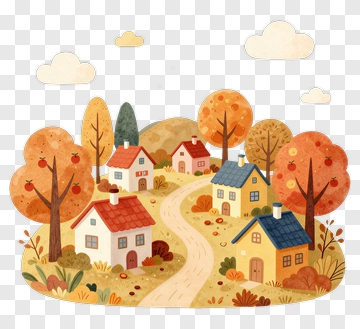Autumn Village With Colorful Trees And Houses PNG