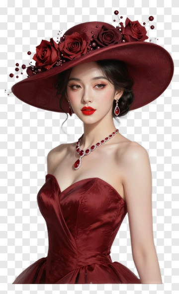 Elegant Woman In A Red Dress And Hat PNG