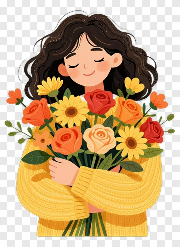 Woman Holding A Bouquet Of Colorful Flowers PNG